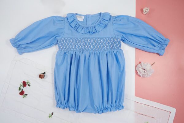 Blue Geometric Longsleeves Smocked Dress