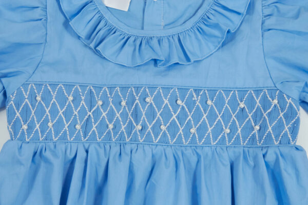 Blue Geometric Longsleeves Smocked Dress