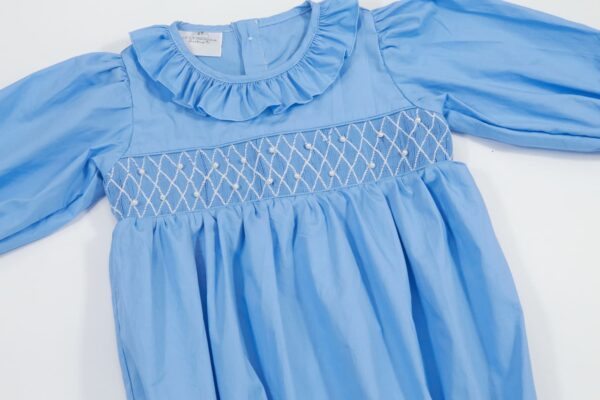 Blue Geometric Longsleeves Smocked Dress