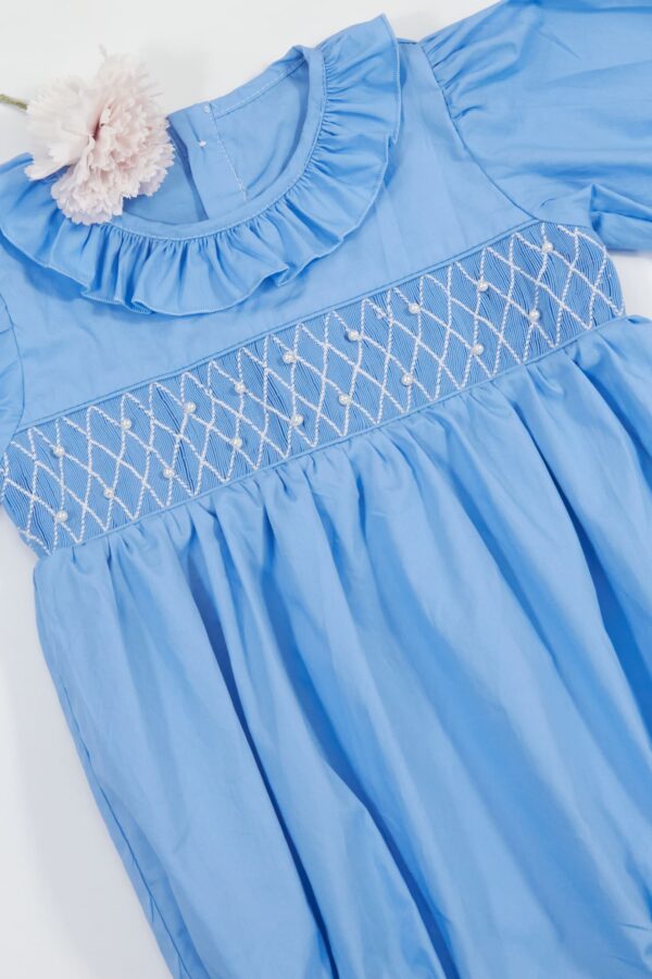 Blue Geometric Longsleeves Smocked Dress