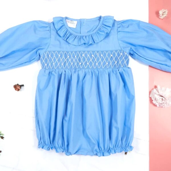 Blue Geometric Longsleeves Smocked Dress