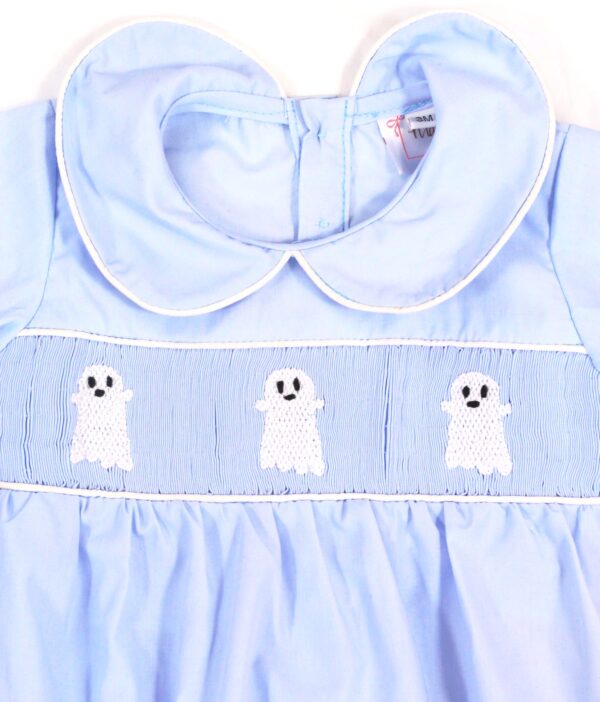 Boo Hand Embroidered Smocked Bubble in Blue