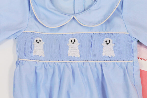 Boo Hand Embroidered Smocked Bubble in Blue