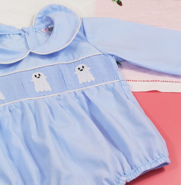 Boo Hand Embroidered Smocked Bubble in Blue