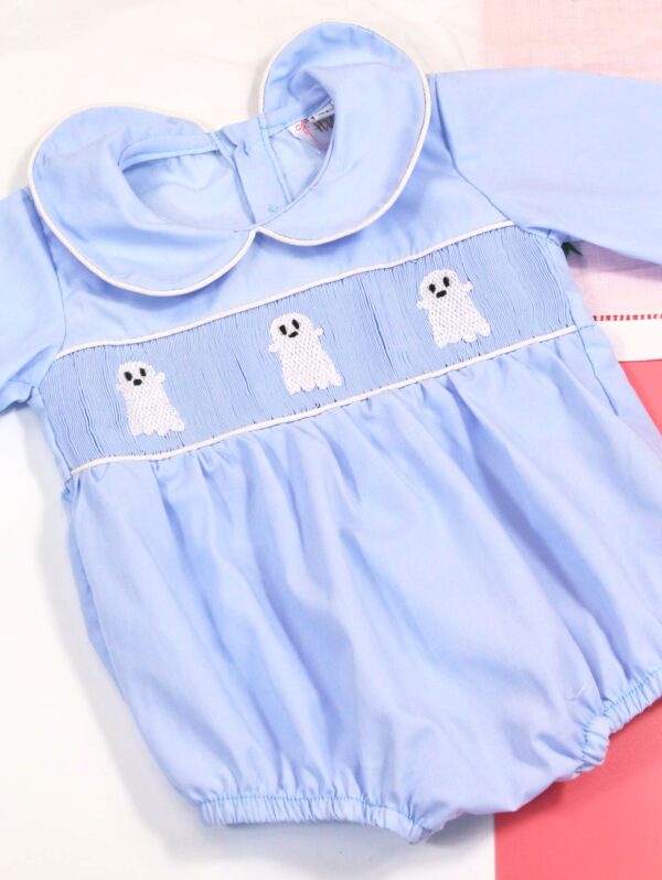 Boo Hand Embroidered Smocked Bubble in Blue