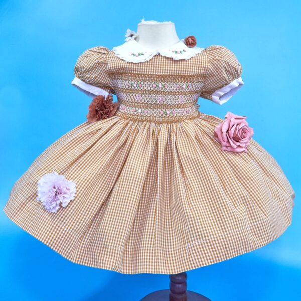 Brown classic smocked geometric dress