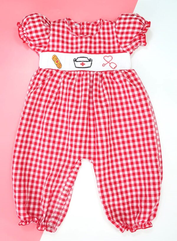 Nursery dream red gingham smocked romper