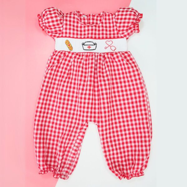 Nursery dream red gingham smocked romper