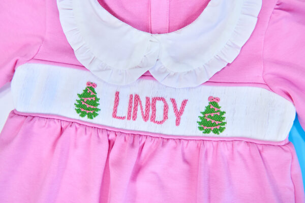 pink pine tree and custom name embroidered smocked set 1